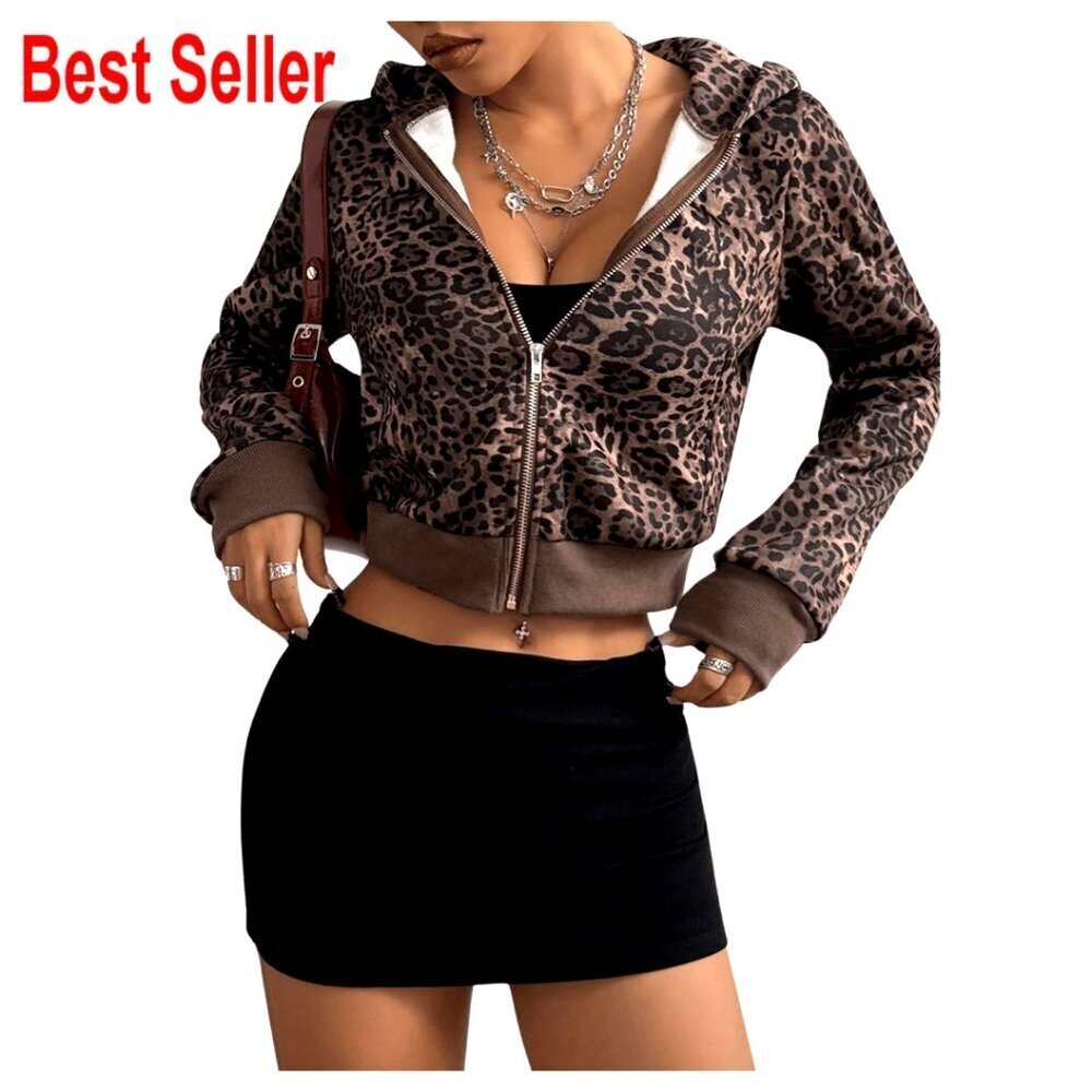 Women's Zip Up Hoodie, Cropped Leopard Print, Lightweight Fall Jacket